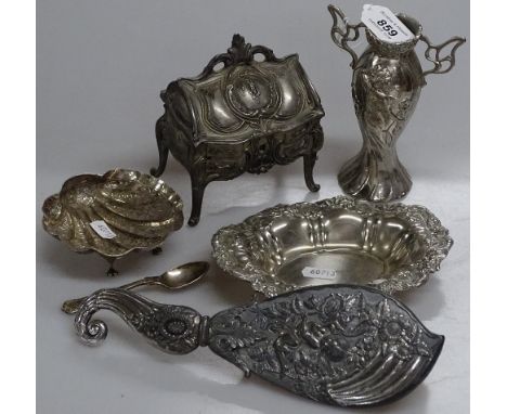 A white metal, engraved, shell design salt, a pewter trinket box, and a vase etc