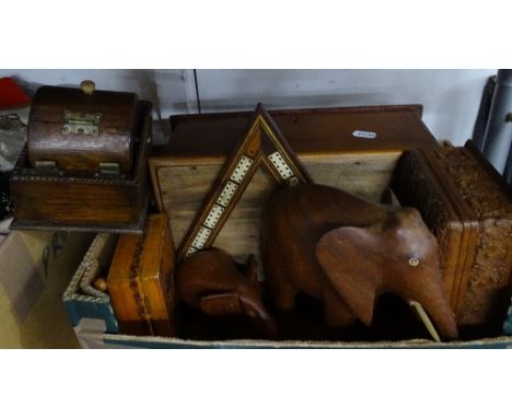 A cribbage board, carved wood boxes etc