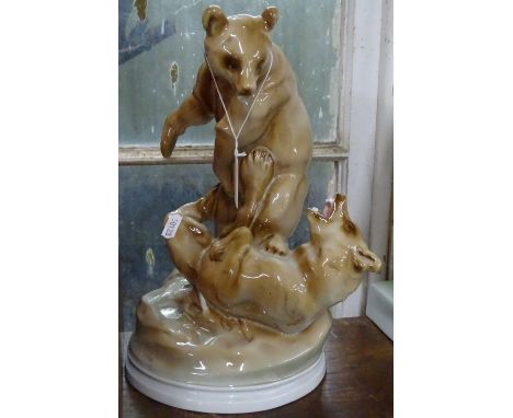 A Hungarian Zsolnay porcelain group of 2 bears