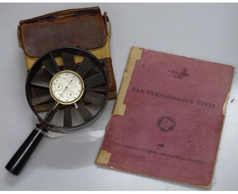 An early 20th century hand-held anemometer, diameter 6", original leather case