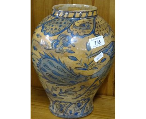 A Vintage stoneware vase with painted design of birds and flowers, height 10.5"