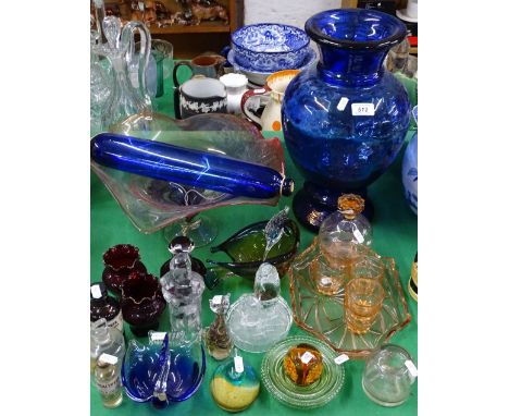 Large blue glass vase, rolling pin, table centre dish, etc