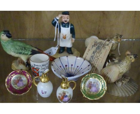 A Carlton Ware Guinness figure, 2 shell figure chickens etc