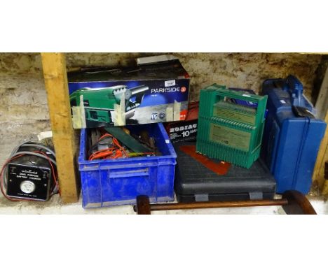 A Parkside electric belt sander, various hand tools, battery chargers etc (8 boxes)