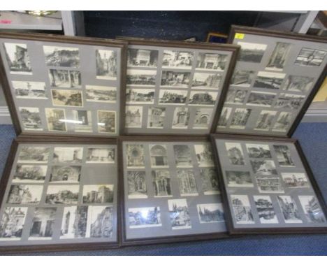 Mixed French early 20th century postcards in six glazed frames, a projector and silver plated spoons 