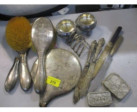 Mixed silver and silver plate to include a dressing table set, a snuff box, salts and other items 