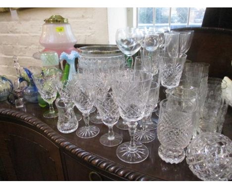 Vintage glass oil lamp shades, mixed glassware to include art glass and etched water glasses 