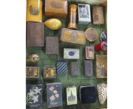 A collection of vesta cases to include two Tunbridge Ware boxes, Mauchline ware boxes, two depicting Windsor Castle, snuff bo