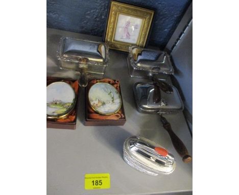 Three silver plated ashtrays with wooden handles, a lighter and other items 