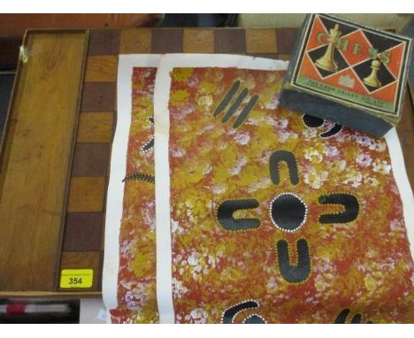 A vintage treen chess board, a vintage Chad Valley Co Ltd, complete chess set, boxed, together with two small aboriginal pain
