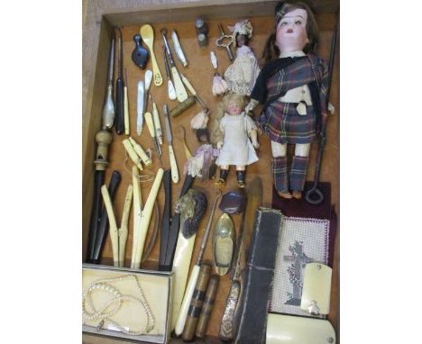 Mixed bone, ebony and ivory glove stretchers, letter openers, button hooks, thimbles, mixed dolls to include a Frozen Charlot