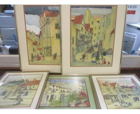 Margaret Shaw - five watercolours, circa 1980, with her signature chimney sweep brush on each painting, signed in various loc