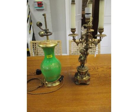 A green glazed Victorian style side lamp and a gilt side light 