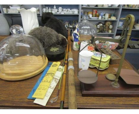 A miscellaneous lot to include De Grave Short &amp; Co Ltd Brass scales with weights, two glass cheese domes, a Super Tett fi