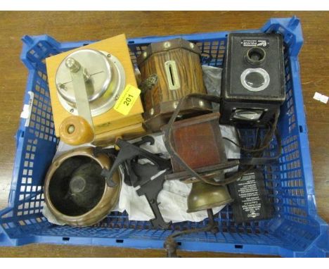 A mixed lot to include a faux fur knee length coat with cuffed sleeves, an Ensign Ful-Vue box camera, coffee grinders and oth