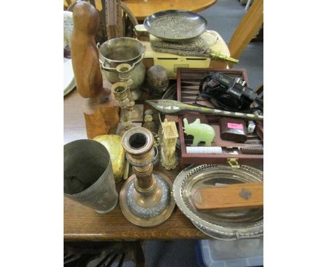 A vintage Backgammon set, mixed metalware, an Indian paper mache box with lid, brass candlesticks and other items 