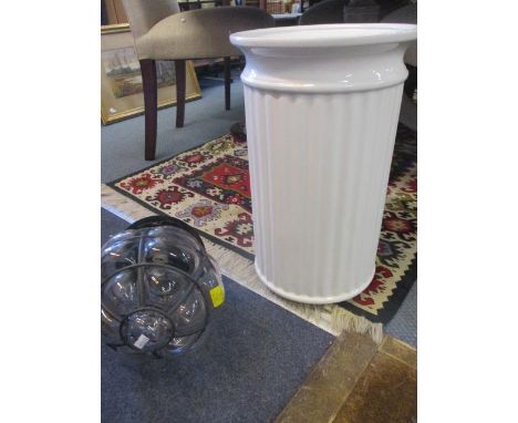 A mid 20th century glass porch ceiling light, together with a white ceramic umbrella stand 