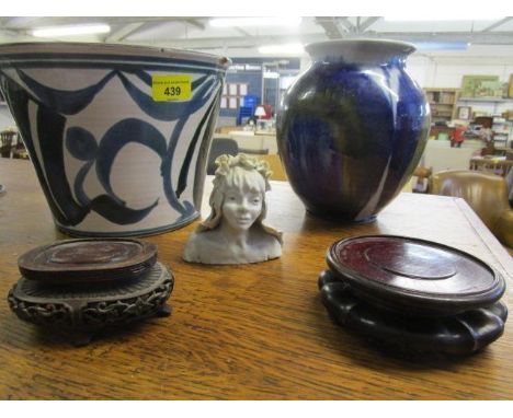 Studio pottery to include an Alan Caiger Smith style jardiniere, a signed Blanc de Chine pottery bust and a signed vase, alon