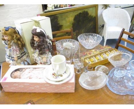 Vintage glass to include a mid 20th century pale blue glass part dressing table set, together with three late 20th century co