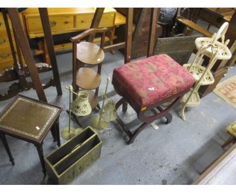 A mixed lot to include a stool, pricket stands, a firescreen, a cake stand and other items 
