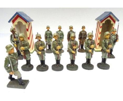 David Hawkins Collection Elastolin 70mm scale German Army at Present and at attention with two by Lineol, Lineol Officer and 