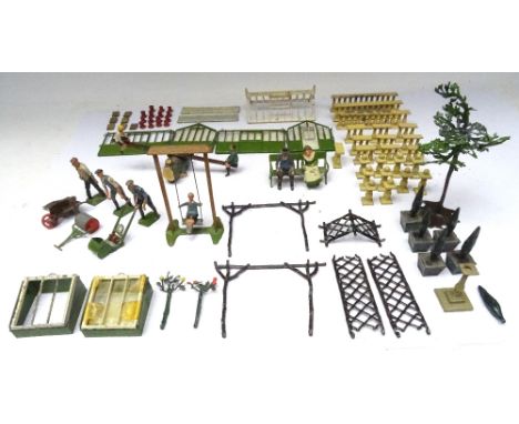 Britains Miniature Gardening, Man with Lawnmower Man with roller, Man with wheelbarrow, (barrow damaged), Boy with swing, Chi