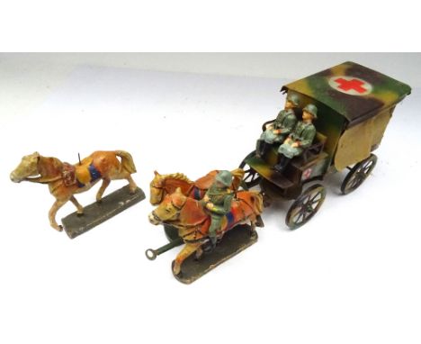 David Hawkins Collection Elastolin 70mm scale German Army roofed tinplate Ambulance Wagon with two-horse team, room for three