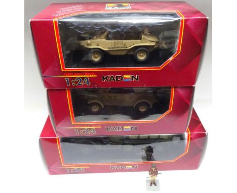 Kaden 1/24 (70mm) tinplate vehicles: VW28 Kubelwagen M3 MA Half Track Personnel, and VW 166 Schwimmwagen West in original box