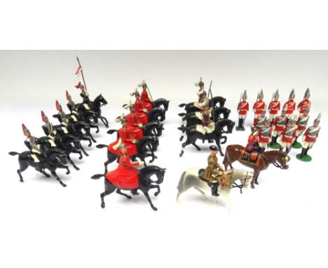 Britains set 400, Life Guards in winter cloaks with Officer (one sword damage) with State Trumpeter, HM Queen (plume missing)
