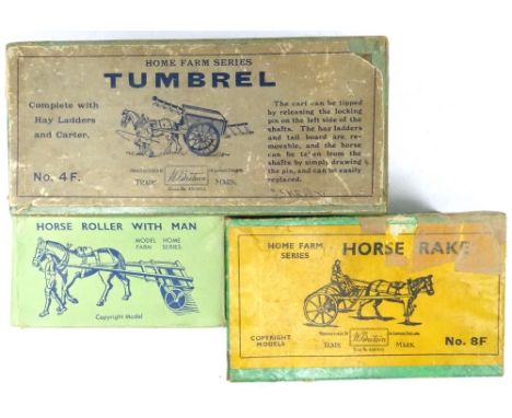 Britains Farm set 4F, Tumbrel Cart (Carter missing, repainted), 8F Rake with driver and 9F Roller with Stable Lad in original