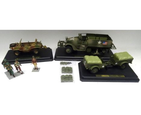 Kaden 1/24 (70mm) tinplate vehicles: M3 Half Track, Tunis two Jeep 1/4 ton trailers and VW 166 Schwimmwagen Offizier in origi