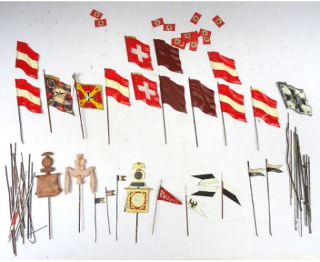 David Hawkins Collection Elastolin 70mm scale fourteen tinplate flags various unfinished reproduction figures, dogs and parts