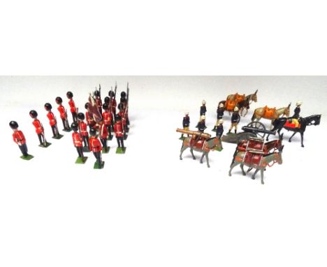 Britains from set 28, Mountain Artillery six matching men and mounted Officer, six various mules and gun (axle missing) with 