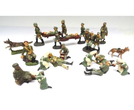 David Hawkins Collection Elastolin 70mm scale WWI German Army Medical Personnel  Stretcher Party, Wounded, four Nurses and tw