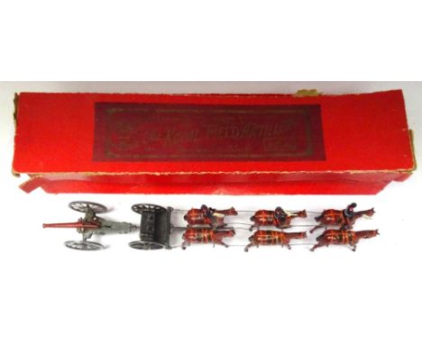 Britains set 144, Royal Field Artillery Gun Team with fumed metal finish, light harness, gun replaced with Waterloo Gun, in o
