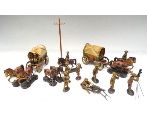 David Hawkins Collection Elastolin 70mm scale British Army two tinplate Wagons each with two horse team and two seated men, t