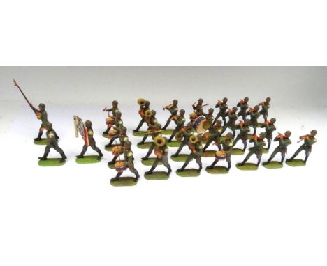 Elastolin 70mm plastic German Army Military Band marching with Glockenspiel, Drum Major and Musical Director (Condition Excel