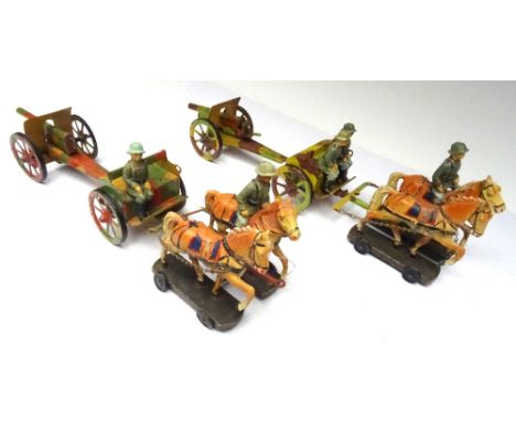 David Hawkins Collection Elastolin, two 70mm scale German Army two-horse Gun Teams with limbers, guns and three seated men (C