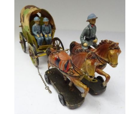 David Hawkins Collection Elastolin 70mm scale French Army covered tinplate Wagon with two-horse team and two seated men (Cond