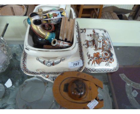 TUREEN OF SUNDRY ITEMS INC CHATELAINE NOTEBOOK AND PENCIL, PIPE, CUTLERY, STAMP BOX, INKWELL