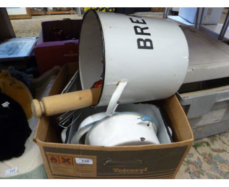 BOX OF KITCHENWARE TO INC ENAMEL BREAD BIN, ROASTERS, ROLLING PIN ETC