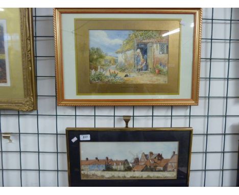 WATERCOLOUR - ROOFTOPS CLAY' - SIGNED R C BROOKES BOTTOM RIGHT AND COTTAGE GARDEN PRINT (GLASS BROKEN)