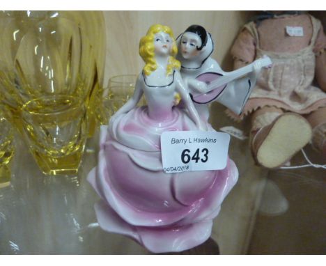 VINTAGE GERMAN LADY WITH PIERROT PORCELAIN POWDER BOWL/TRINKET BOX