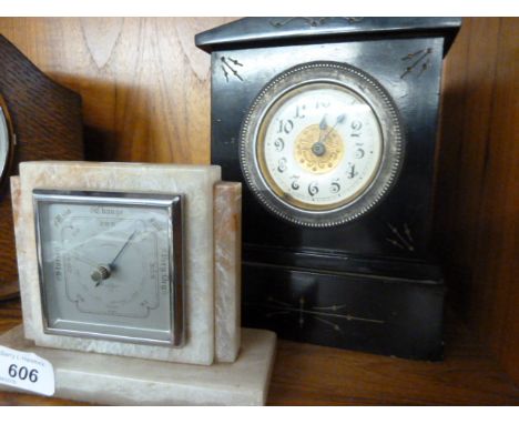 BLACK SLATE MANTLECLOCK AND MARBLE CASED BAROMETER