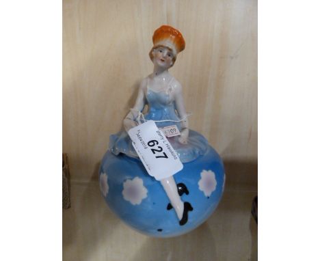 VINTAGE MARUYAMA TOKI JAPANESE POWDER BOWL/TRINKET BOX,8" TALL (LADY ON BLUE BASE)