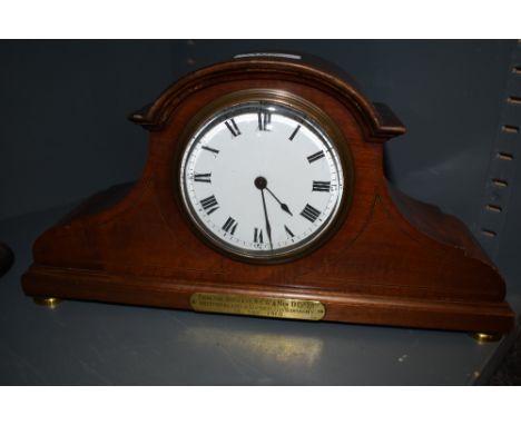 Mahogany mantle clock bearing brass plaque which reads 'From the Officers N.C.Os and Men D CO y 2 /1st Westmoreland &amp; Cum