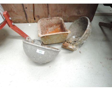 Three vintage cattle water bowls, ideal for wall planters