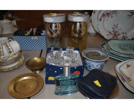 An assortment of item including a bottle of Brut Eau de Toilette , boxed wine glasses and A vintage leather Jane Shilton hand