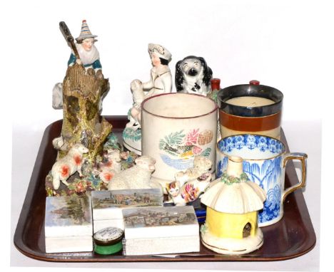 Tray of Staffordshire figures, three Pratt ware boxes and covers, sprig ware beaker, enamel trinket box etc 
