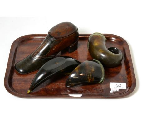 A large 19th century shoe snuff box: a Scottish snuff mull and two horn snuff boxes